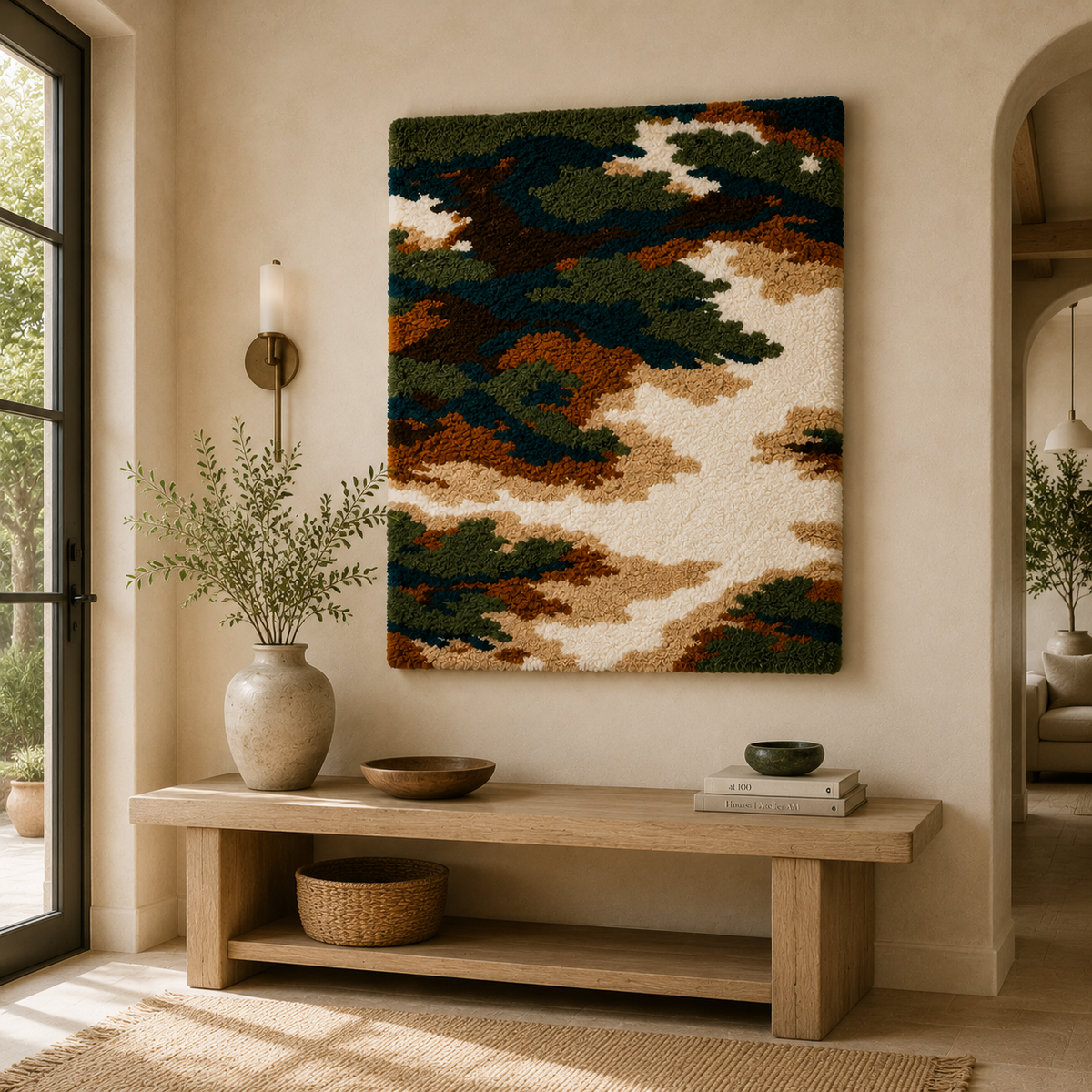 Hewn Earth Pine Canopy wall art, natural wood textured decor piece with pine tree design on a neutral background.