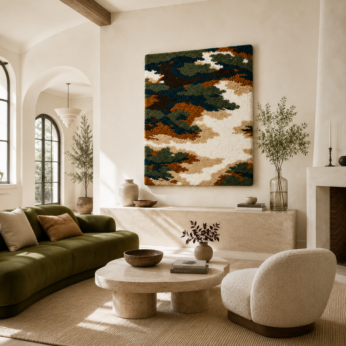 Hewn Earth Pine Canopy wall art featuring a detailed pine tree illustration on a neutral background.