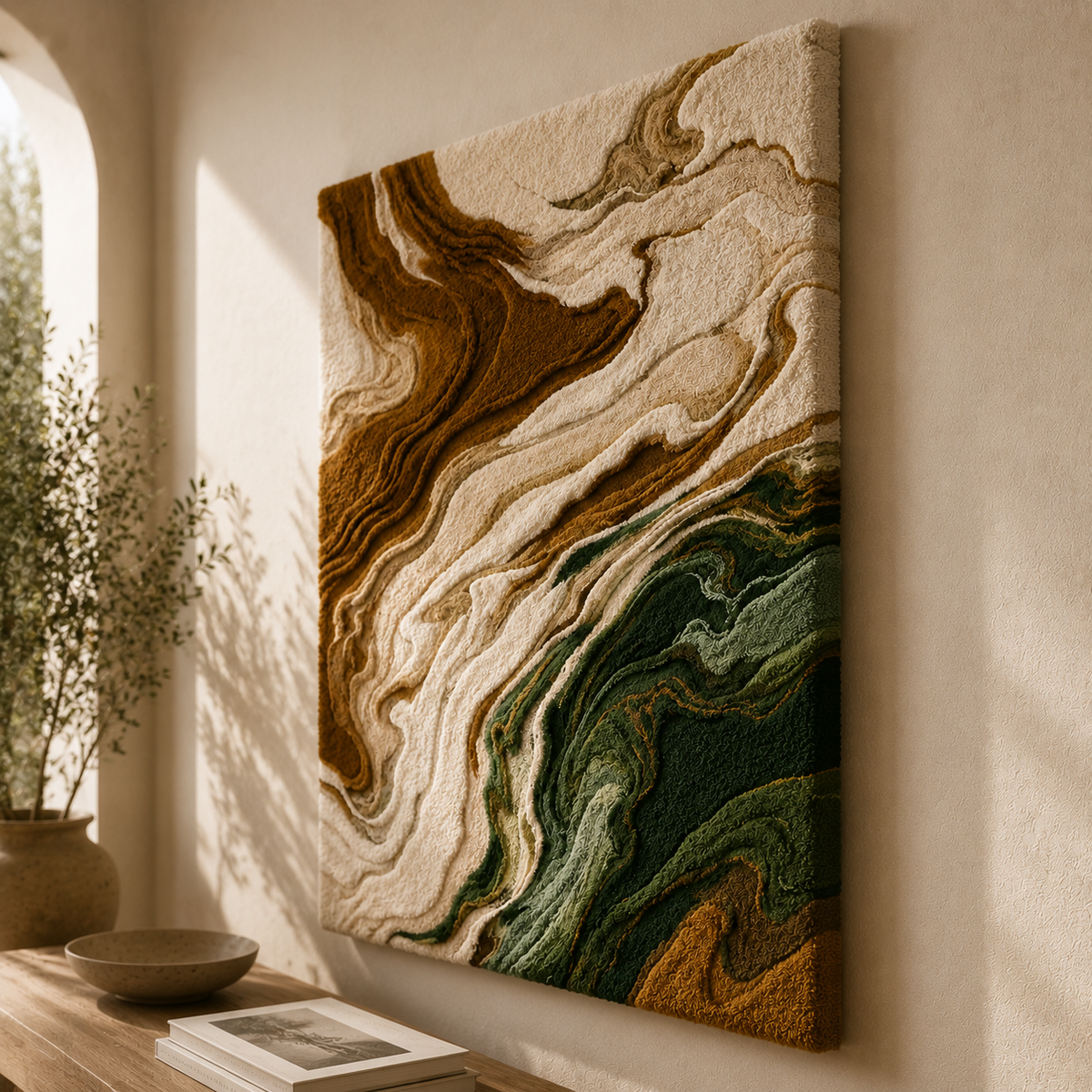 Hewn Earth River Marbled HE-0154 wall art featuring a flowing marbled design in blue and brown tones on a canvas.