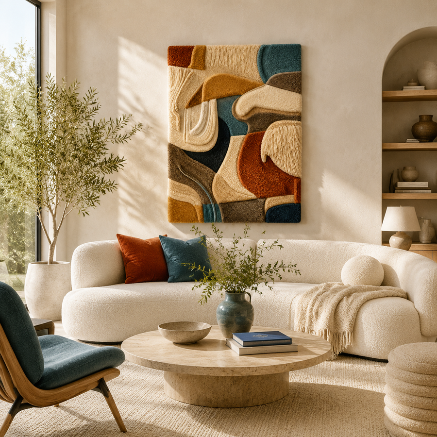 Hewn Earth Puzzle Play wall art with colorful geometric puzzle pieces arranged in an abstract design.