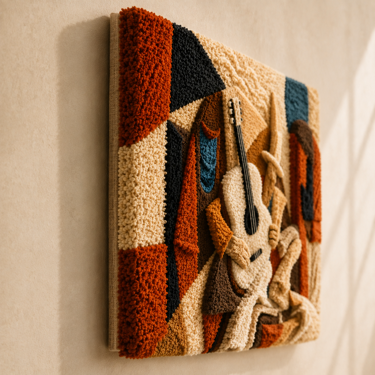 Hewn Earth Cubist Guitarist wall art featuring a geometric abstract depiction of a guitarist on a neutral background.