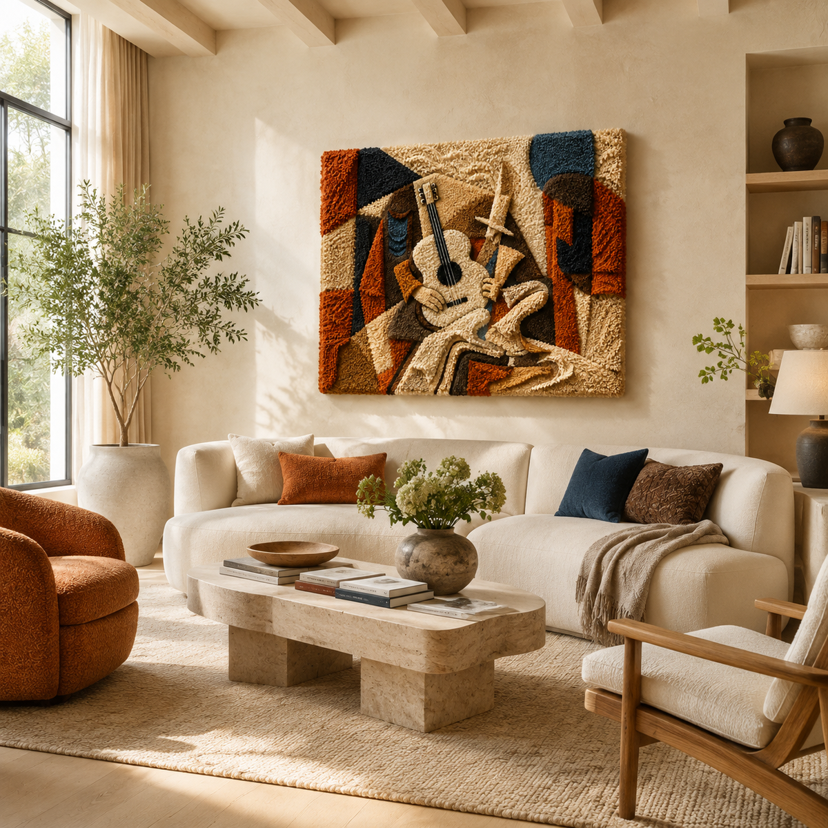 Cubist Guitarist wall art by Hewn Earth, featuring a modern abstract depiction of a guitarist in geometric shapes.