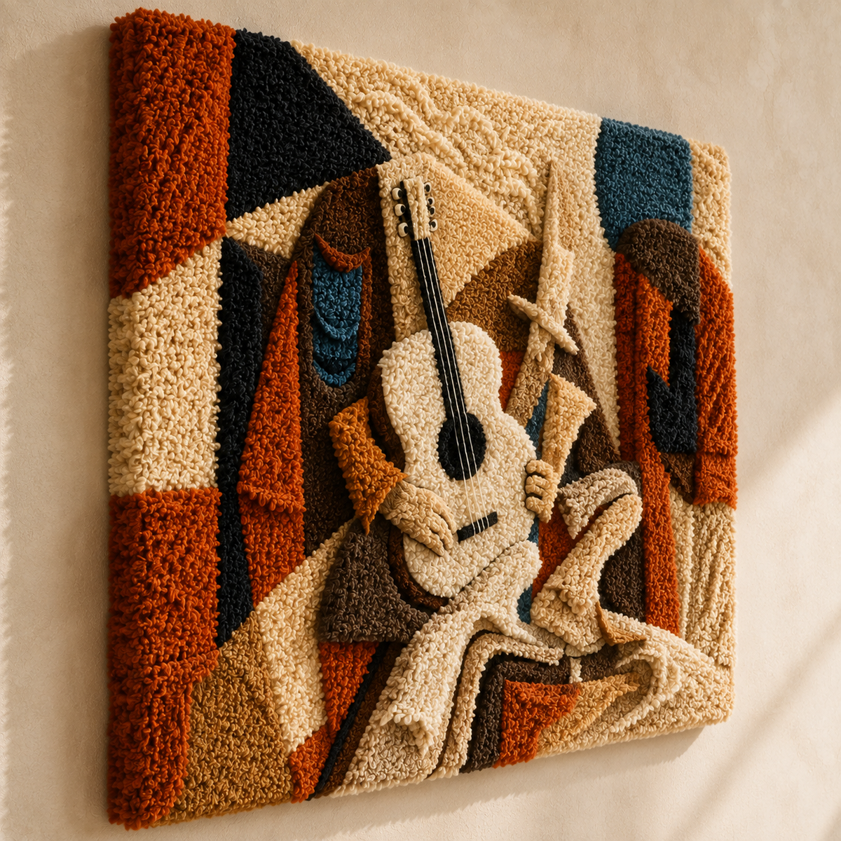 Cubist Guitarist wall art by Hewn Earth, abstract geometric painting of a musician with guitar, vibrant colors and modern style.