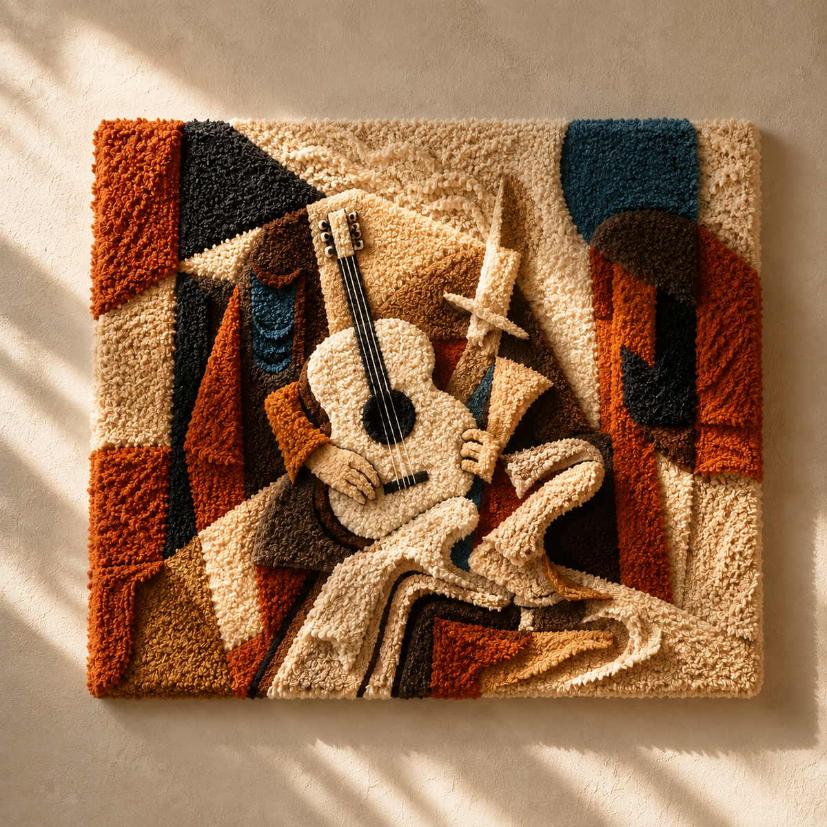 Cubist Guitarist wall art by Hewn Earth, abstract geometric artwork of a musician playing guitar on a neutral background.