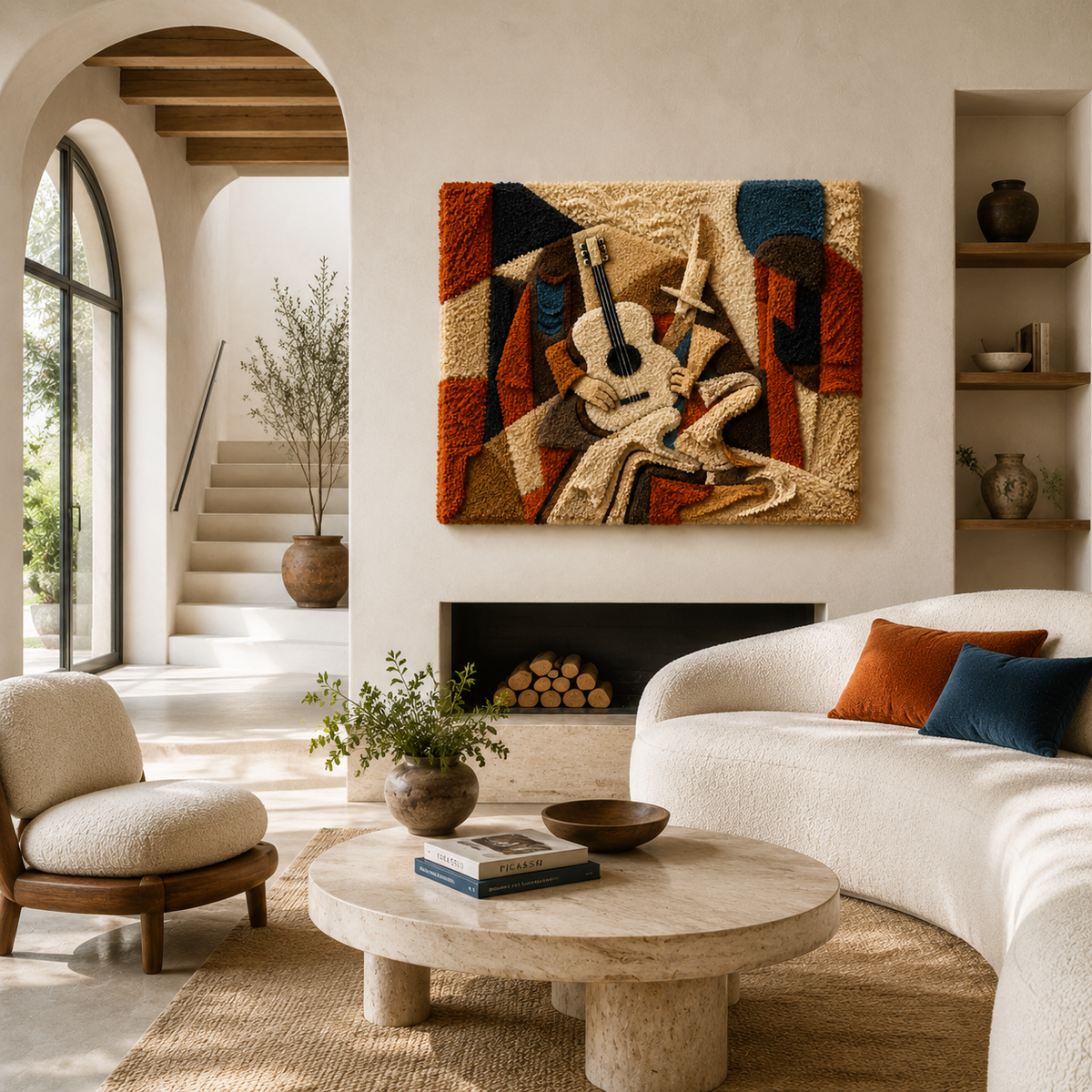 Hewn Earth Cubist Guitarist wall art featuring a geometric, abstract painting of a musician with a guitar on a neutral background.