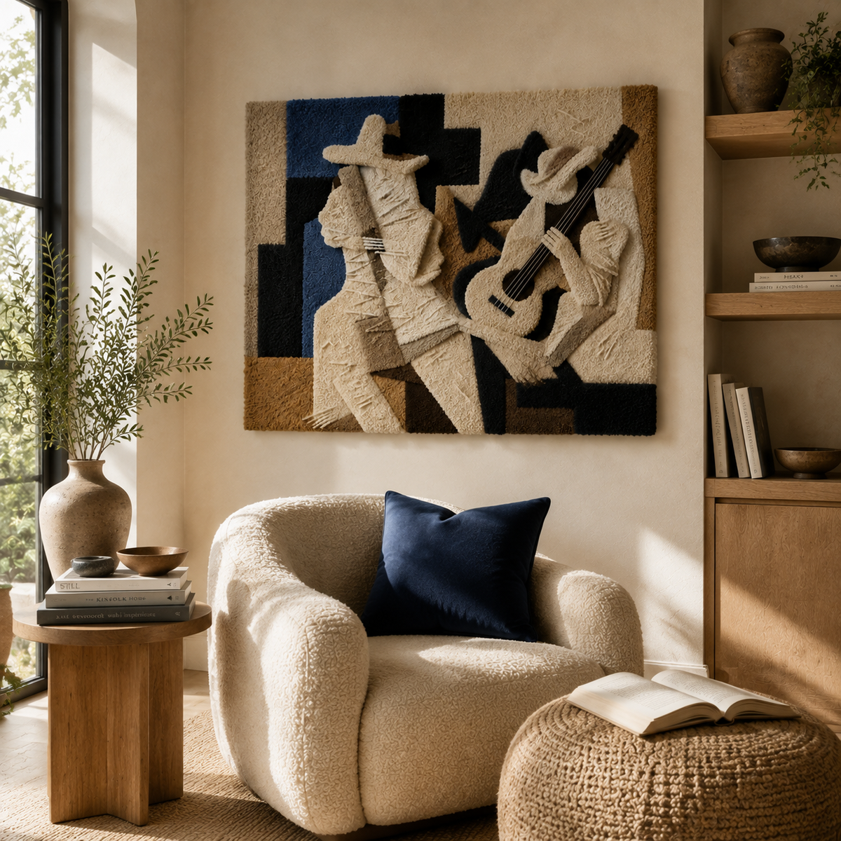 Wall art featuring two musicians, HE-0158 by Hewn Earth, showcasing a detailed, artistic depiction of two musicians in a decorative style.