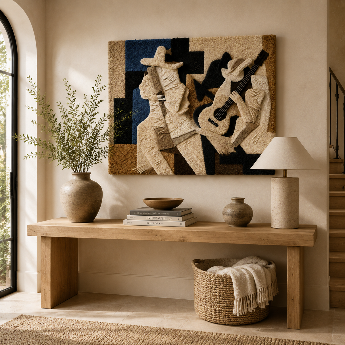 Wall art featuring two musicians by Hewn Earth, colorful illustration suitable for music or art decor.