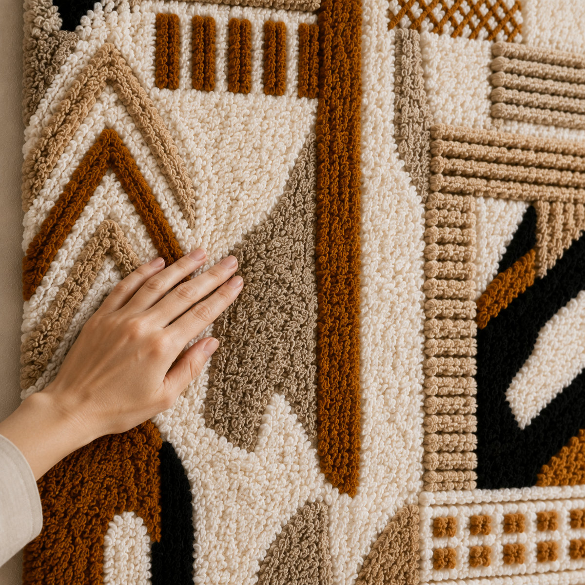 Hewn Earth Tribal Runner wall art featuring intricate geometric patterns in earthy tones, suitable for modern home decor.