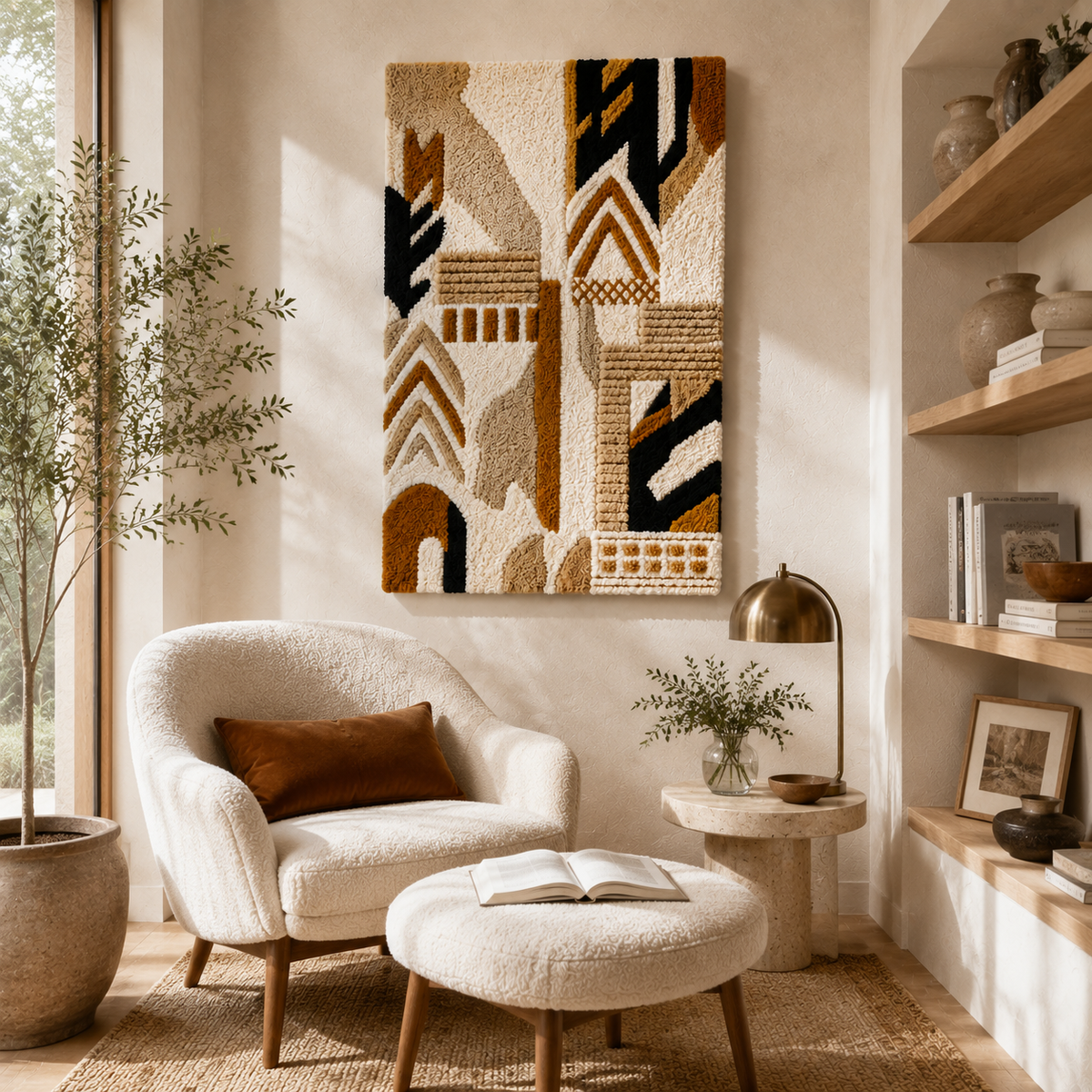 Colorful tribal runner wall art by Hewn Earth featuring vibrant geometric patterns on a textured canvas.