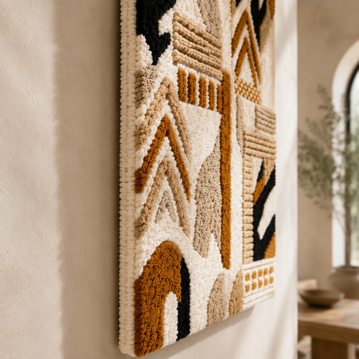 Hewn Earth Tribal Runner wall art featuring bold geometric patterns in earthy tones, modern tribal design for wall decoration.