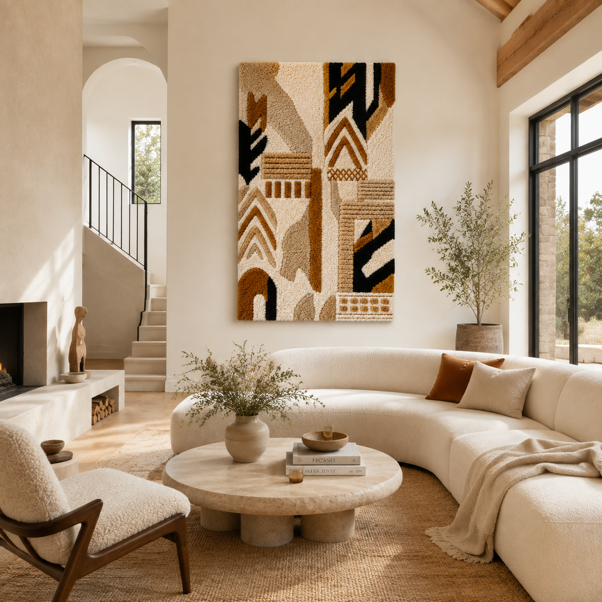 Hewn Earth Tribal Runner wall art featuring bold geometric patterns in earthy tones for modern home decor.