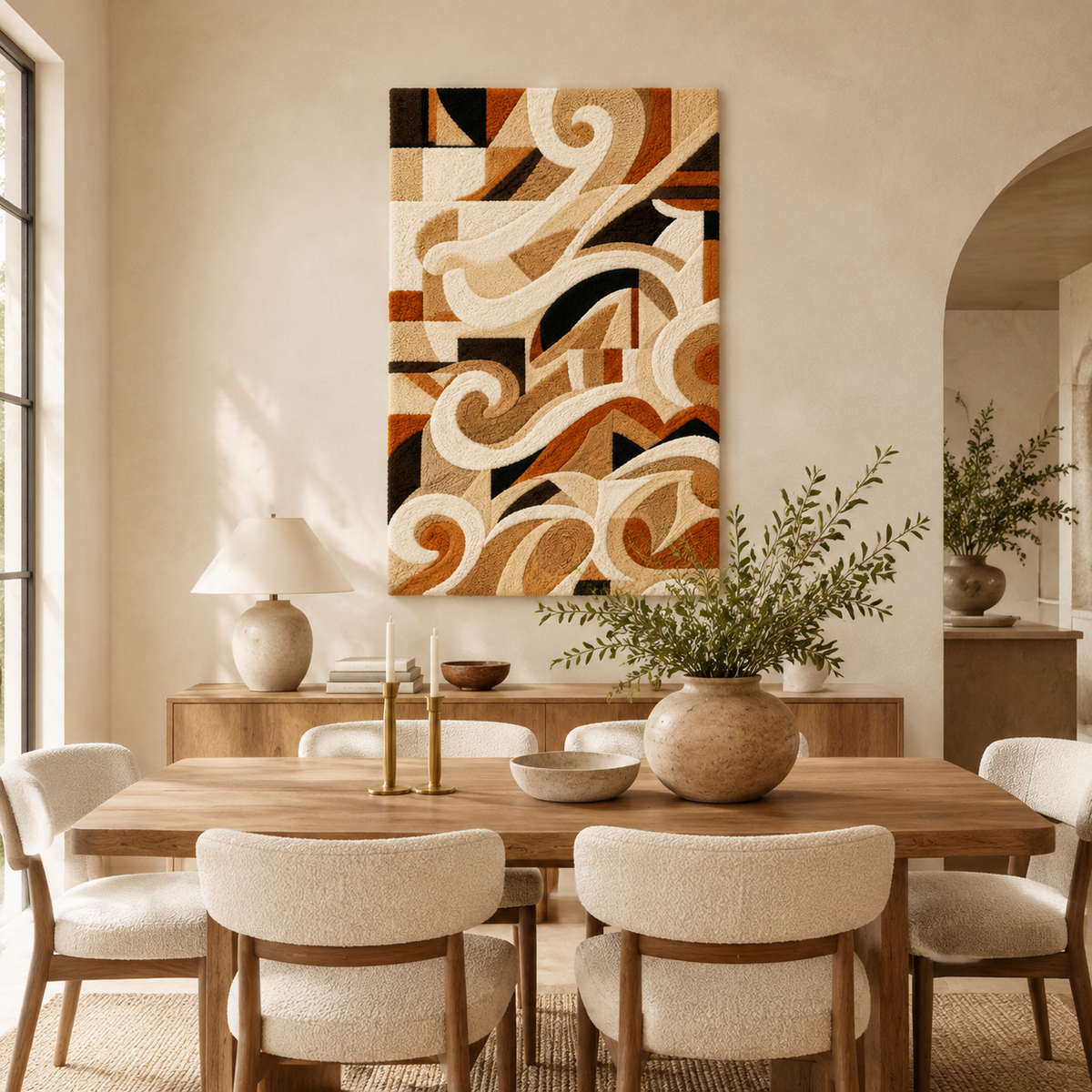 Hewn Earth Art Deco Scroll wall art in neutral tones, featuring intricate geometric patterns on a smooth surface.