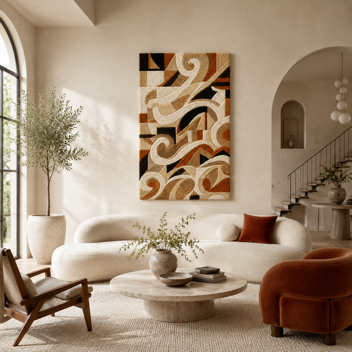 Hewn Earth Art Deco Scroll wall art with intricate geometric patterns in neutral tones, suitable for modern interior decor.