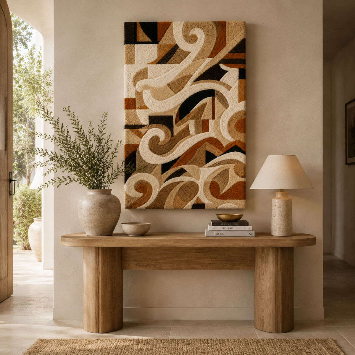 Hewn Earth Art Deco Scroll wall art featuring intricate geometric patterns in neutral tones, suitable for modern home decor.