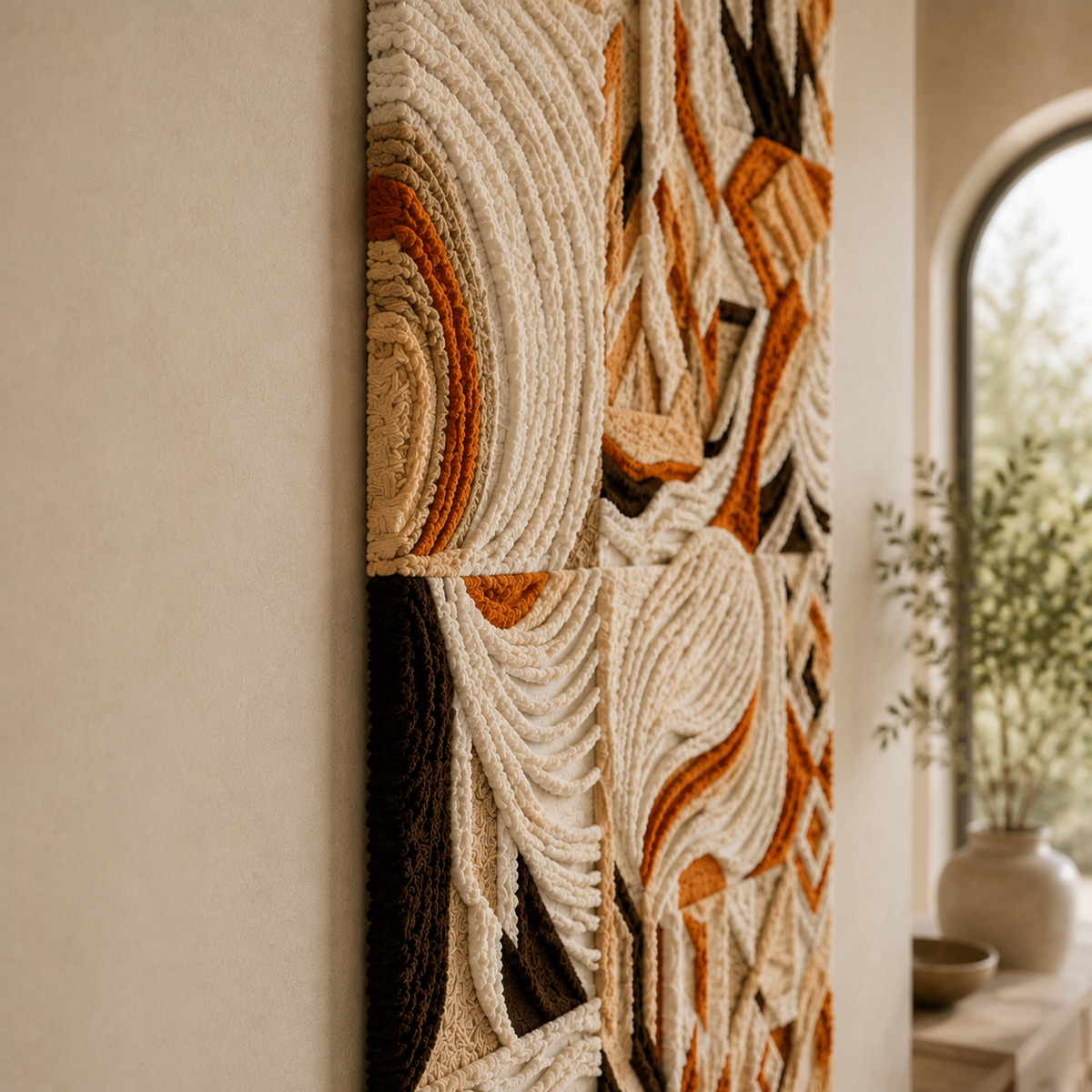 Hewn Earth Terra Wave Deco wall art featuring textured, wave-inspired design in neutral tones, ideal for modern interior decor.