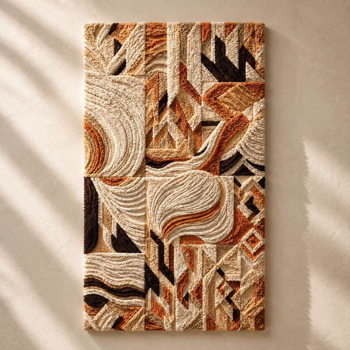 Hewn Earth Terra Wave Deco wall art featuring intricate geometric patterns in neutral tones, mounted on a wall.