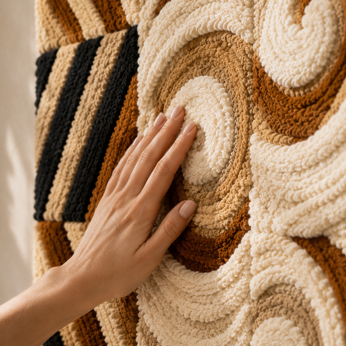 Hewn Earth Patchwork Runner wall art featuring vibrant, textured fabric patchwork design on a neutral background.