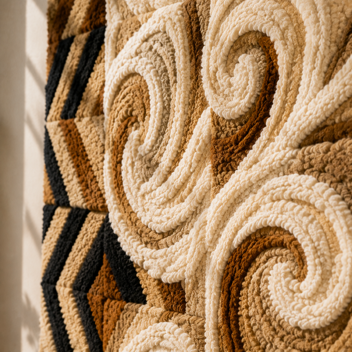 Hewn Earth Patchwork Runner wall art featuring colorful fabric patches arranged in a vibrant, textured design.