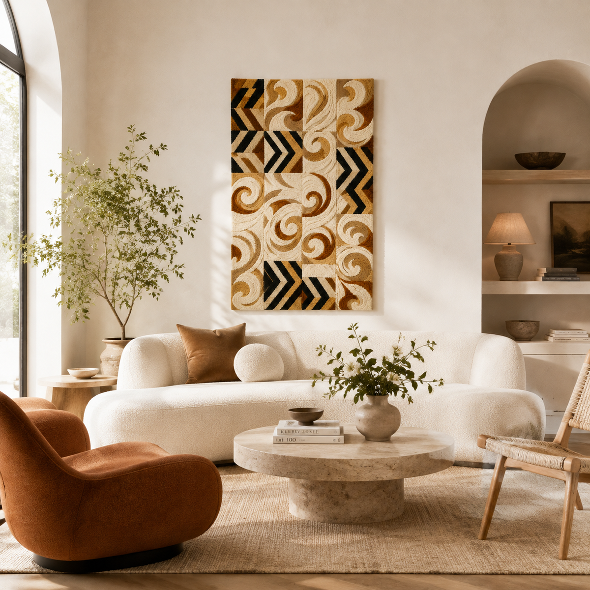 Colorful patchwork wall art runner by Hewn Earth featuring vibrant fabric patterns and a textured, handcrafted design.