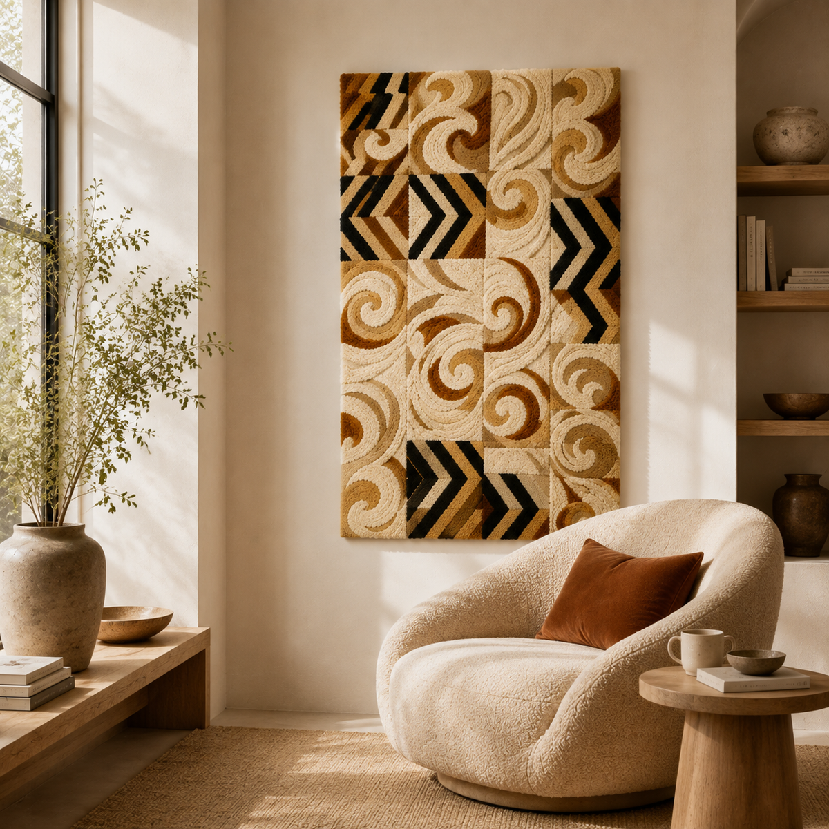 Colorful patchwork wall art runner by Hewn Earth featuring vibrant fabric patterns and textured design on a neutral background.