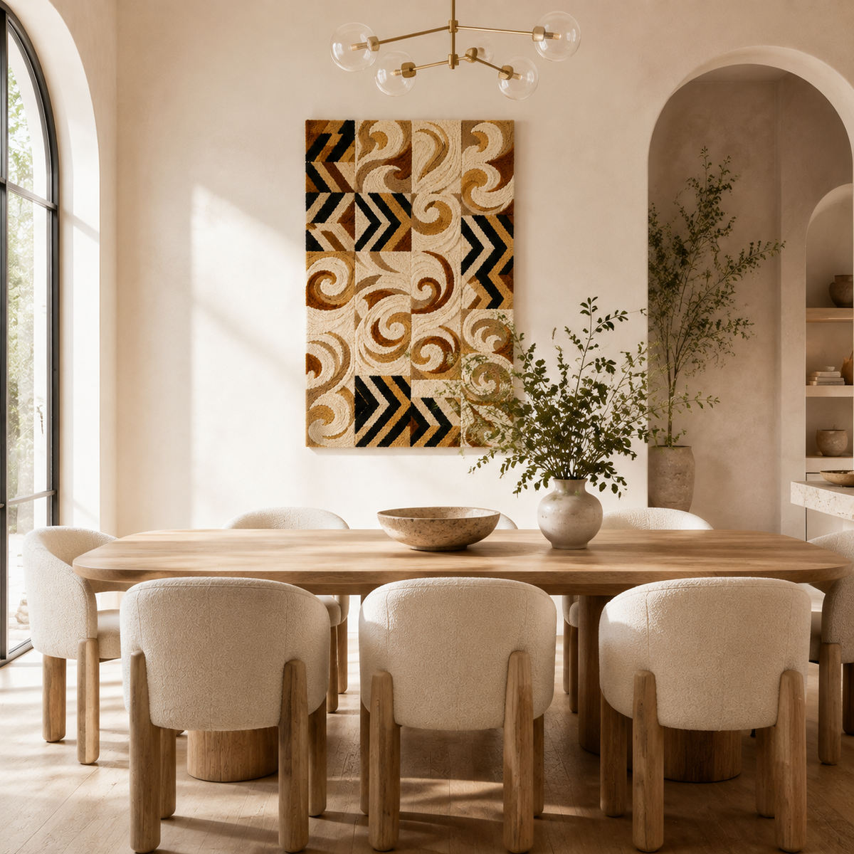 Colorful patchwork wall art by Hewn Earth featuring a vibrant, textured design suitable for modern interior decor.