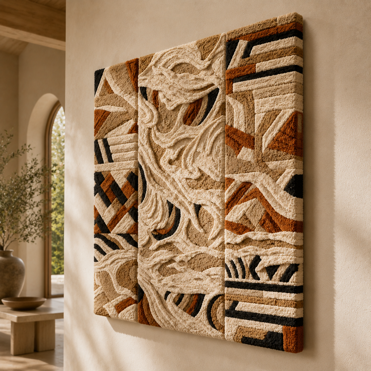 Hewn Earth Terra Triptych wall art featuring earthy tones and abstract designs, perfect for modern interior decor.