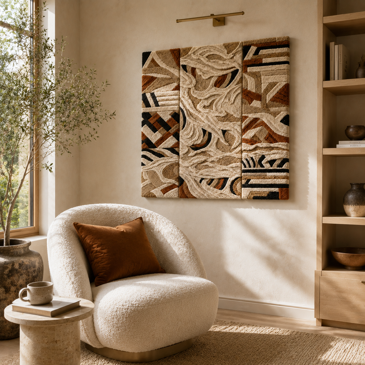 Hewn Earth Terra Triptych wall art with earthy tones, featuring three interconnected panels for modern home decor.