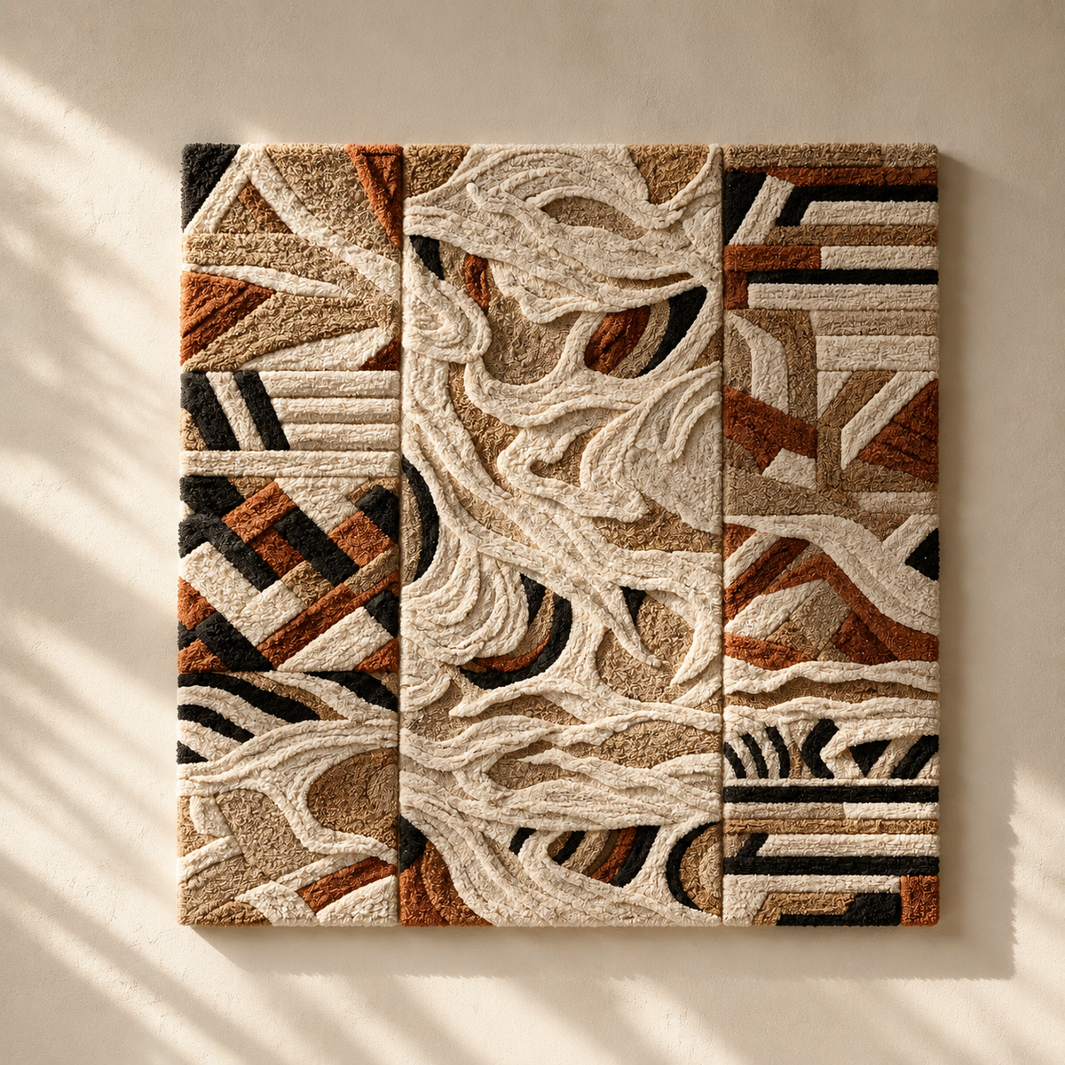 Hewn Earth Terra Triptych wall art featuring three earthy-toned panels with textured, natural-inspired designs for modern interior decor