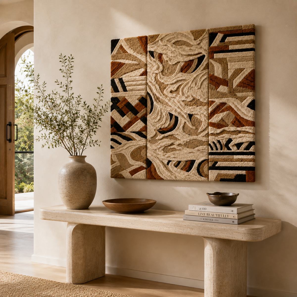 Hewn Earth Terra Triptych wall art featuring three panels with earthy, abstract landscape designs for modern home decor.