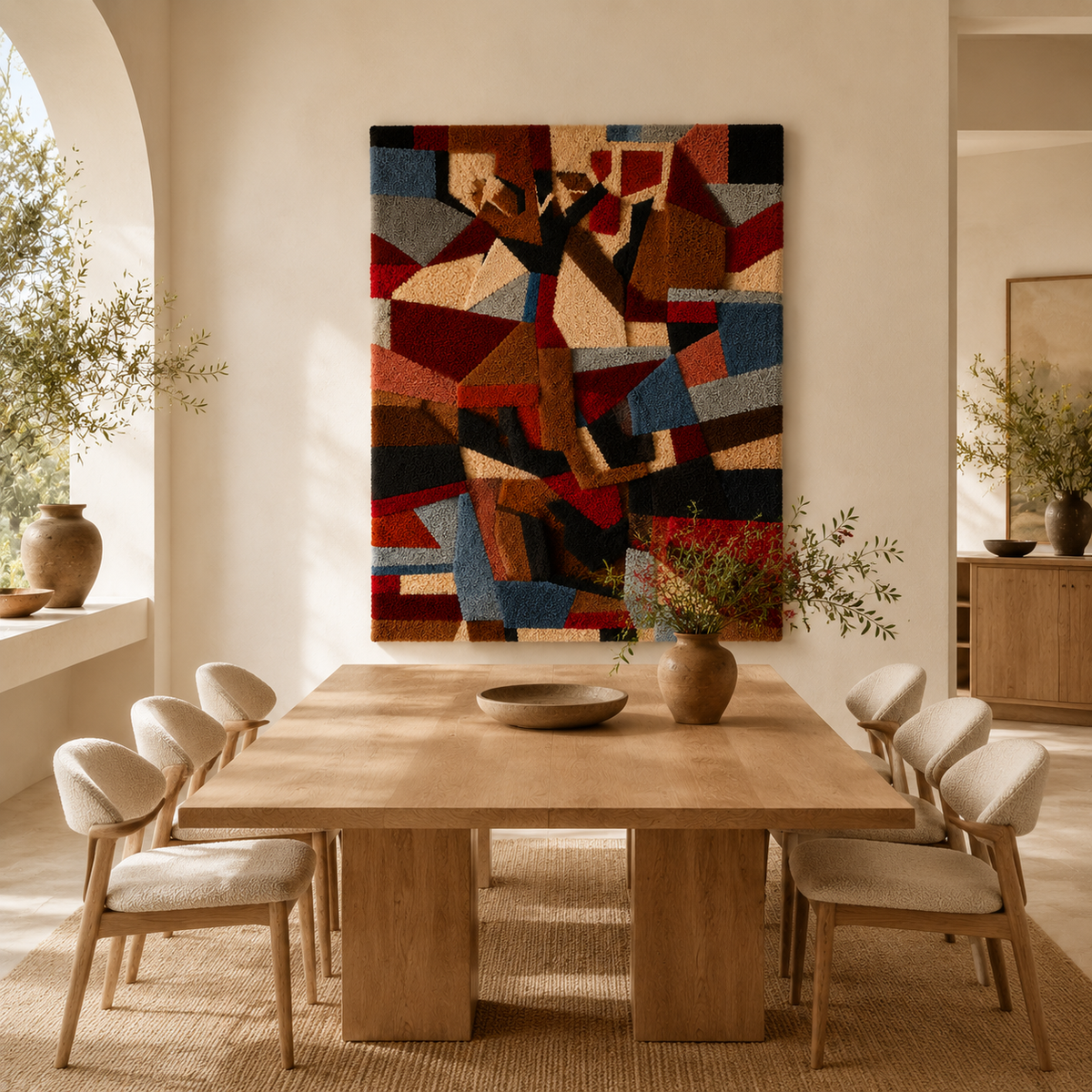 Hewn Earth Cubist Collage wall art, geometric abstract design in earthy tones, modern decorative artwork.