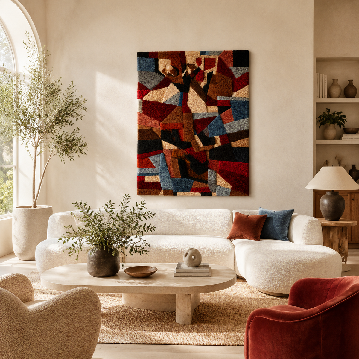 Hewn Earth Cubist Collage wall art HE-0165 featuring geometric shapes and earthy tones, mounted on a neutral background.