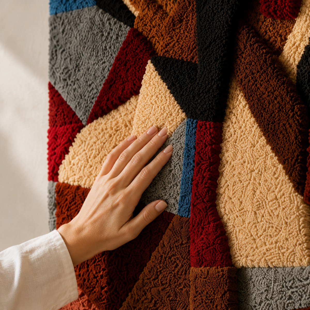 Hewn Earth Cubist Collage wall art featuring abstract geometric shapes in a mixed media style, vibrant colors and textured details.