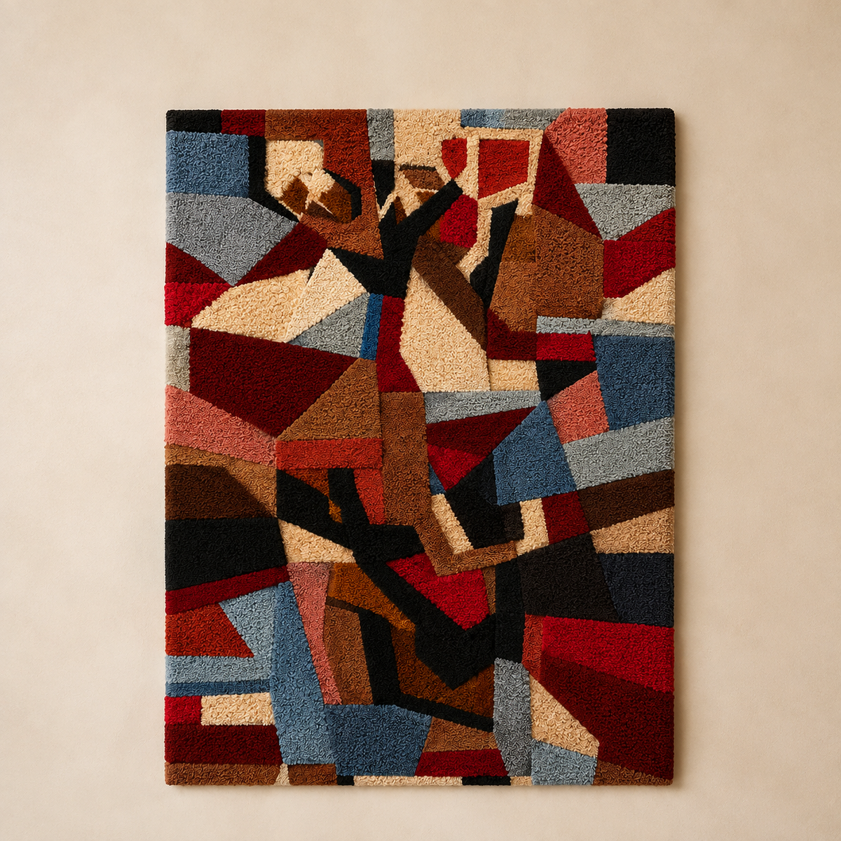 Hewn Earth Cubist Collage wall art, HE-0165, featuring geometric shapes and earthy tones, displayed on a modern wall.