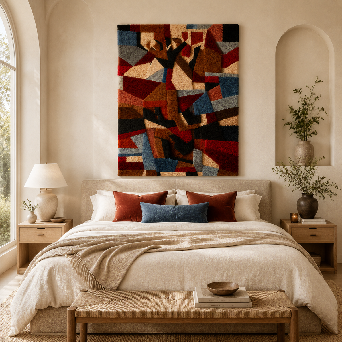 Hewn Earth Cubist Collage wall art in abstract geometric design, featuring mixed shapes and earthy tones.
