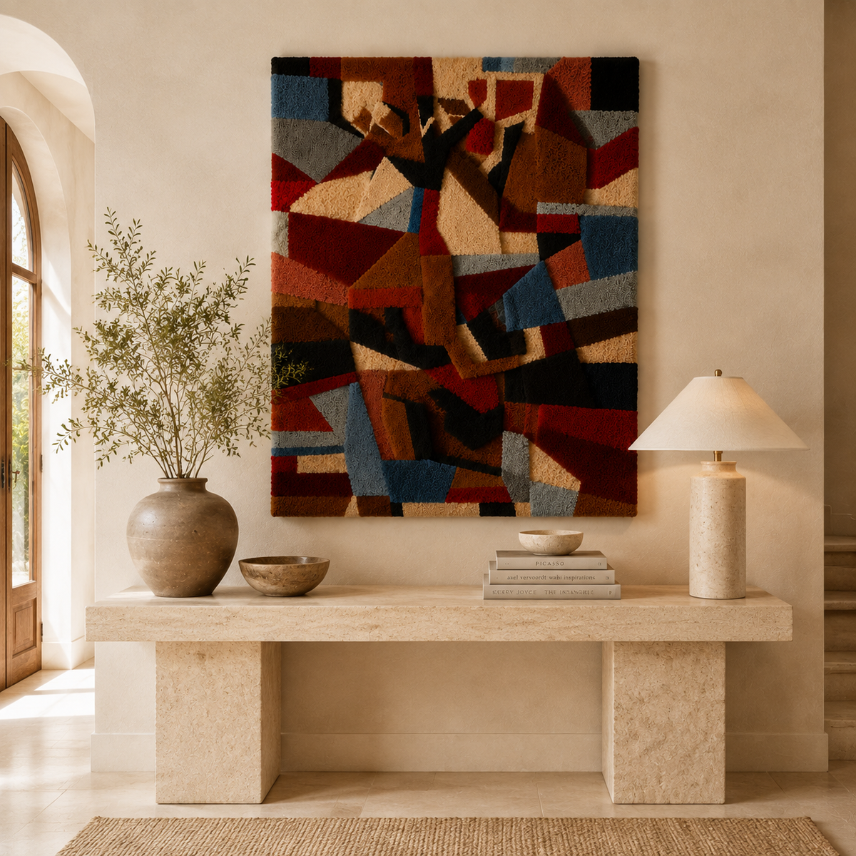 Abstract Cubist collage wall art by Hewn Earth featuring geometric shapes and earthy tones for modern interior decor.