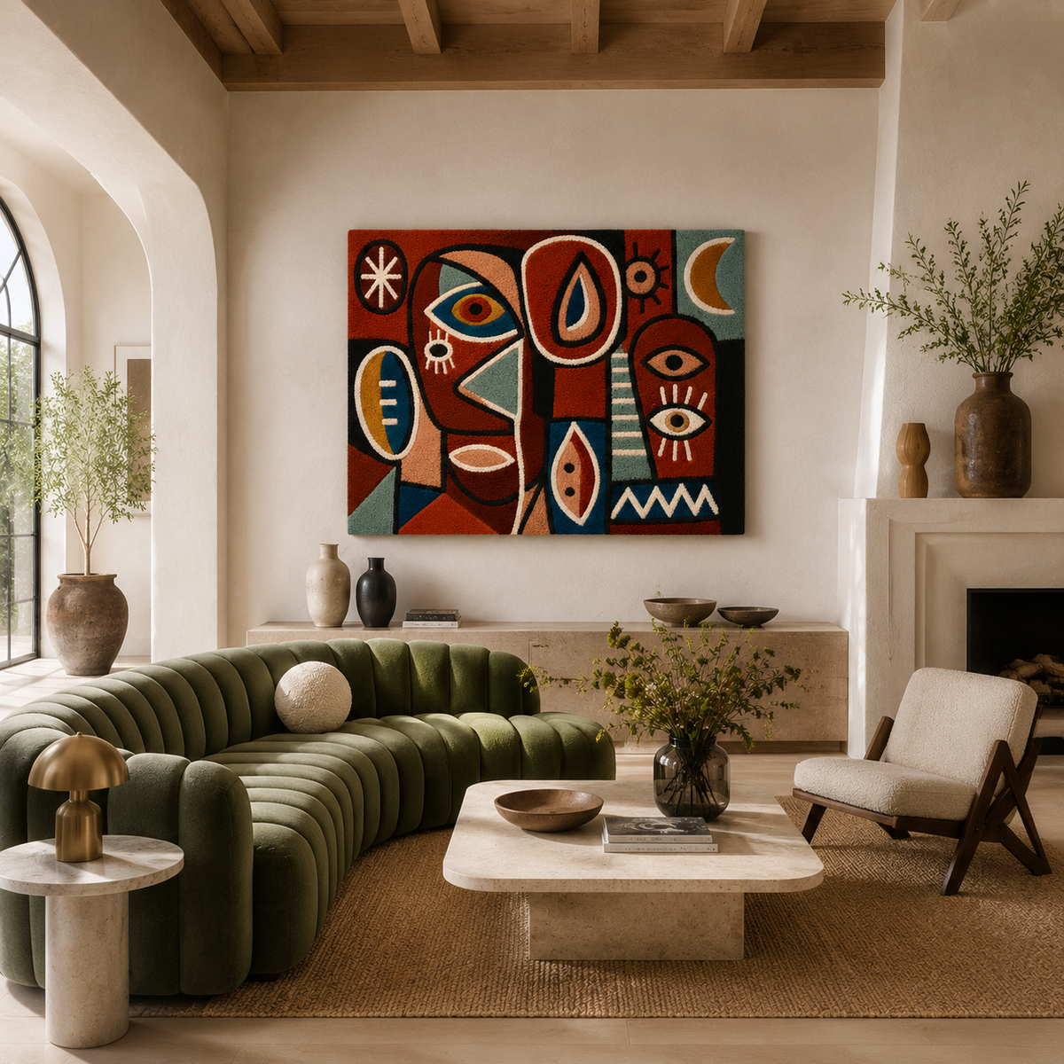 Hewn Earth Folk Mask wall art featuring intricate folk design with bold colors and detailed craftsmanship.