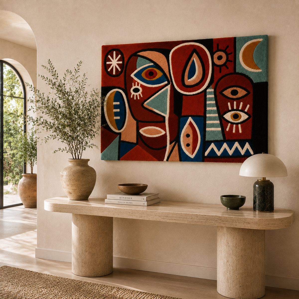 Folk Mask wall art by Hewn Earth featuring intricate wooden carving and traditional folk design on a neutral background.