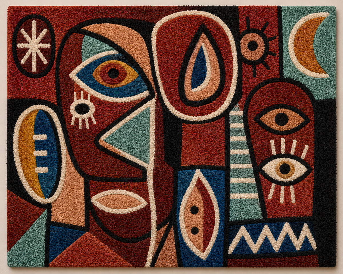 Hewn Earth Folk Mask wall art, handmade ceramic sculpture with intricate tribal design, mounted on a wooden background.