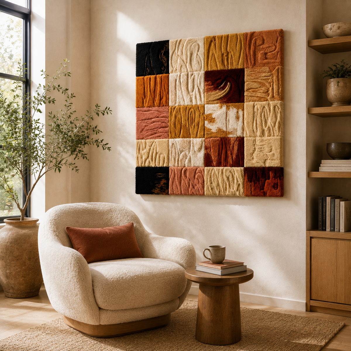 Hewn Earth Texture Sampler HE-0167 wall art featuring earthy, layered patterns in neutral tones, showcasing natural-inspired design elements.