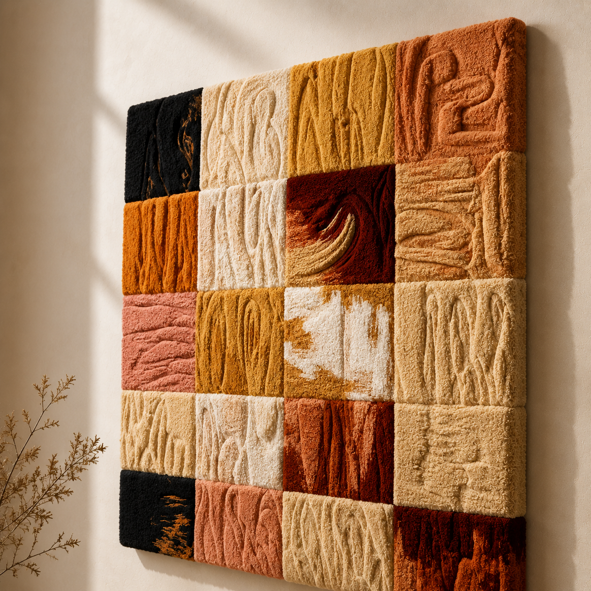 Hewn Earth Texture Sampler wall art featuring natural, earthy patterns and textures in neutral tones on a rectangular canvas.