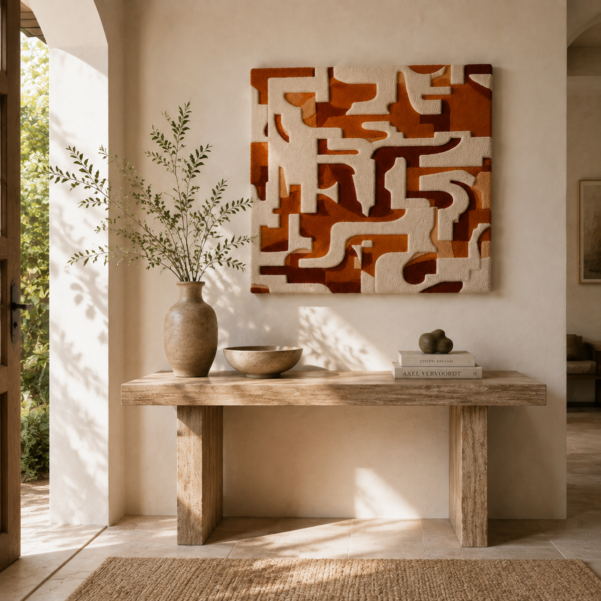 Hewn Earth Cream Cipher HE-0168 wall art featuring abstract geometric design on a neutral background.