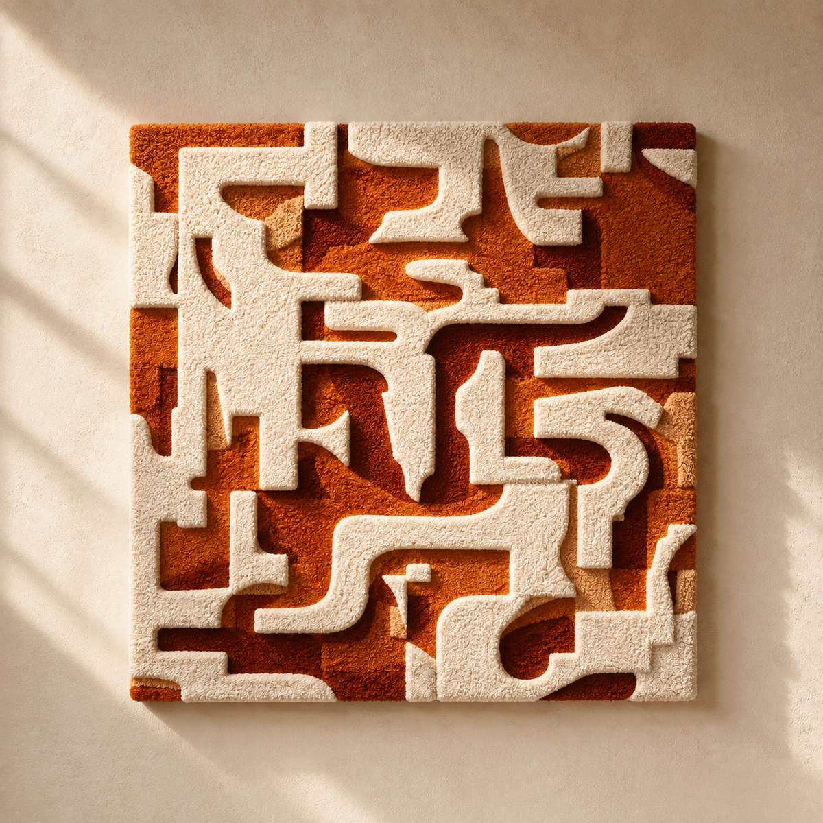 Hewn Earth Cream Cipher HE-0168 wall art featuring abstract cream and beige geometric patterns on a textured canvas.