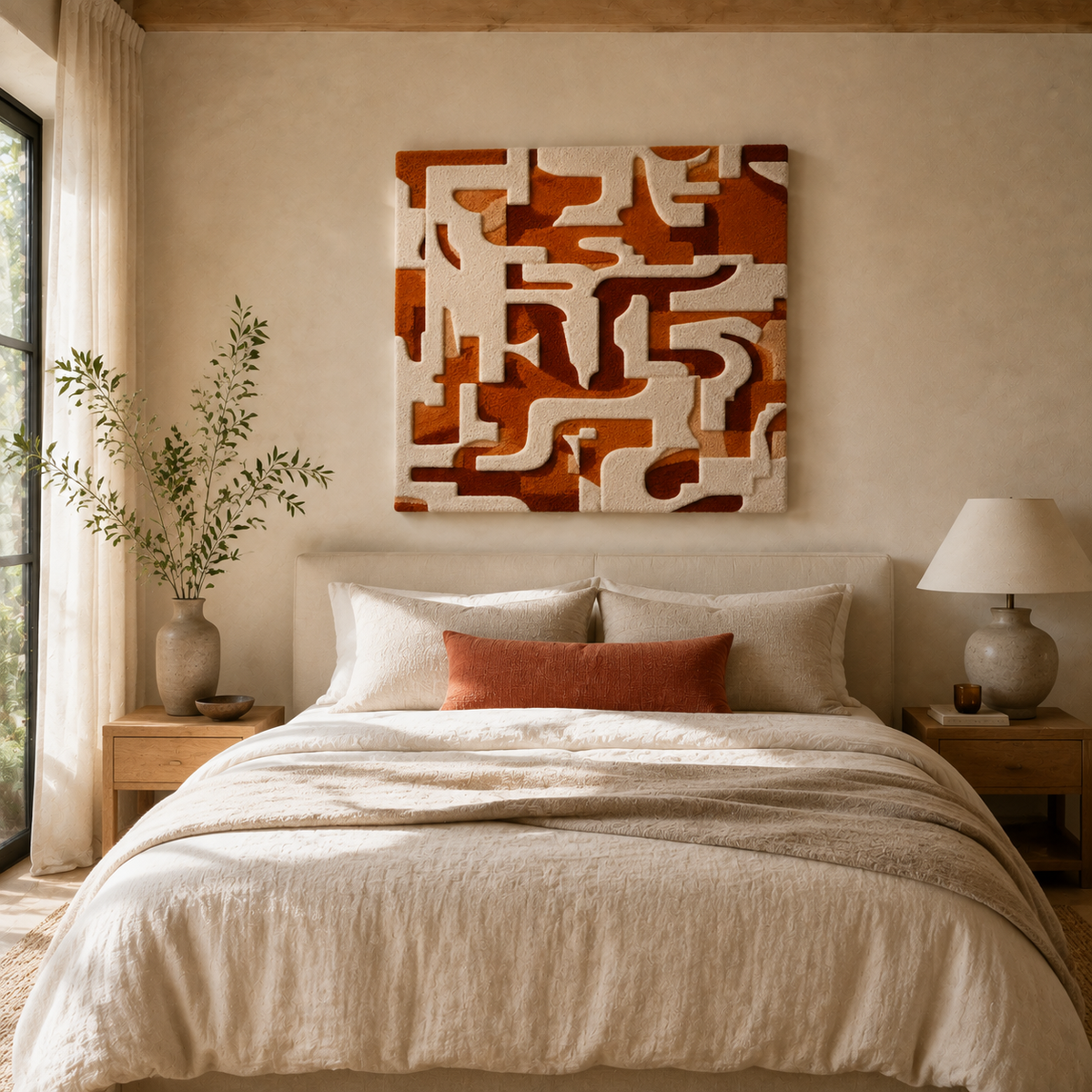 Hewn Earth Cream Cipher HE-0168 wall art featuring abstract geometric design in cream and neutral tones.