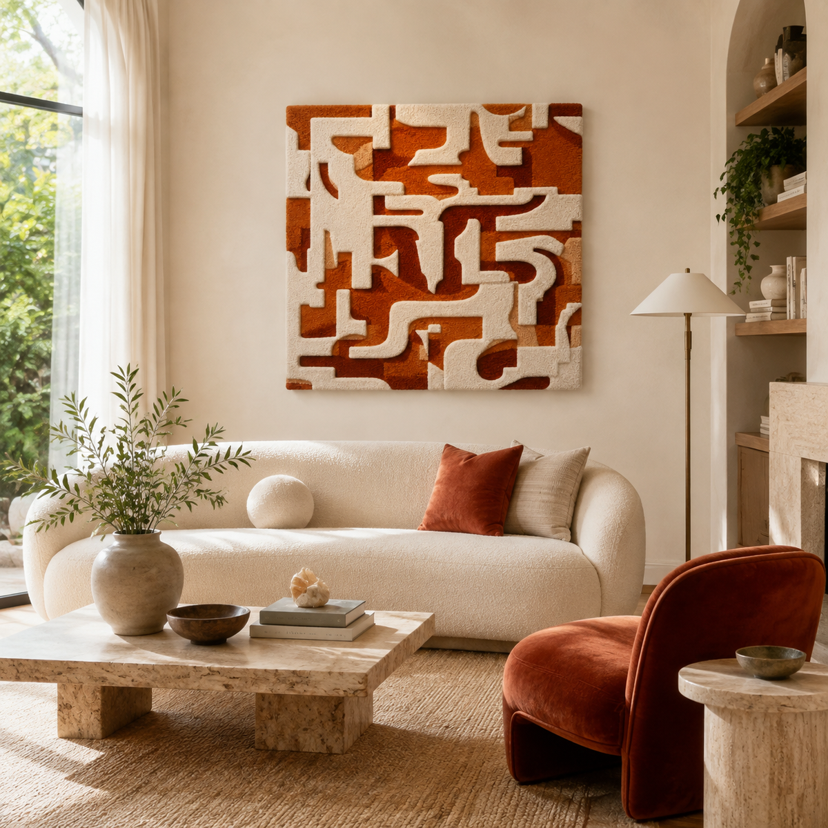 Hewn Earth Cream Cipher HE-0168 wall art featuring abstract cream-colored geometric design on a canvas background.