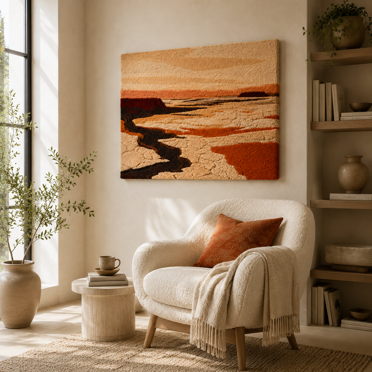 Hewn Earth River Through Canyon wall art print showcasing a scenic river flowing through a canyon landscape.
