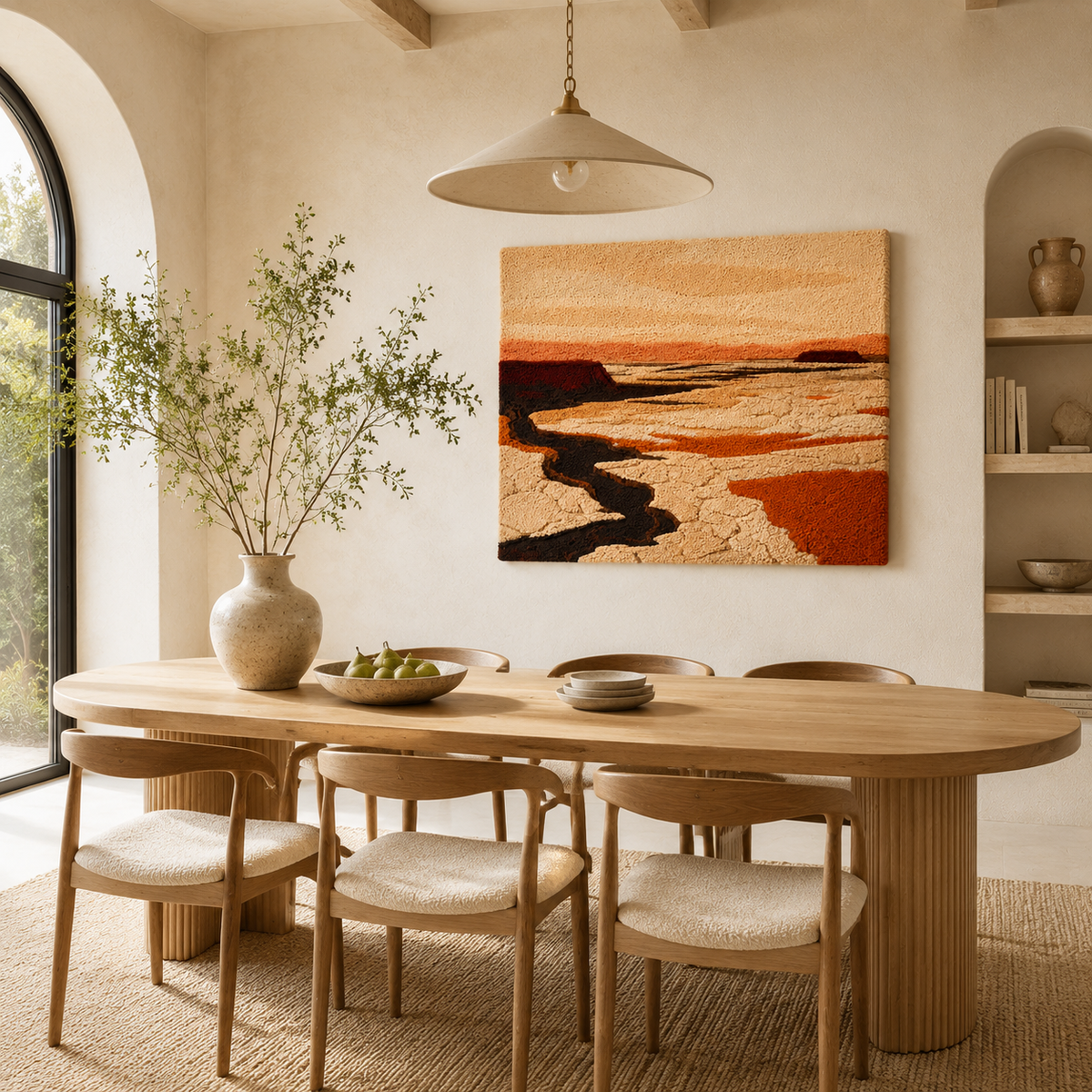 Hewn Earth wall art depicting a river flowing through a canyon, featuring detailed natural landscape scene in earthy tones.