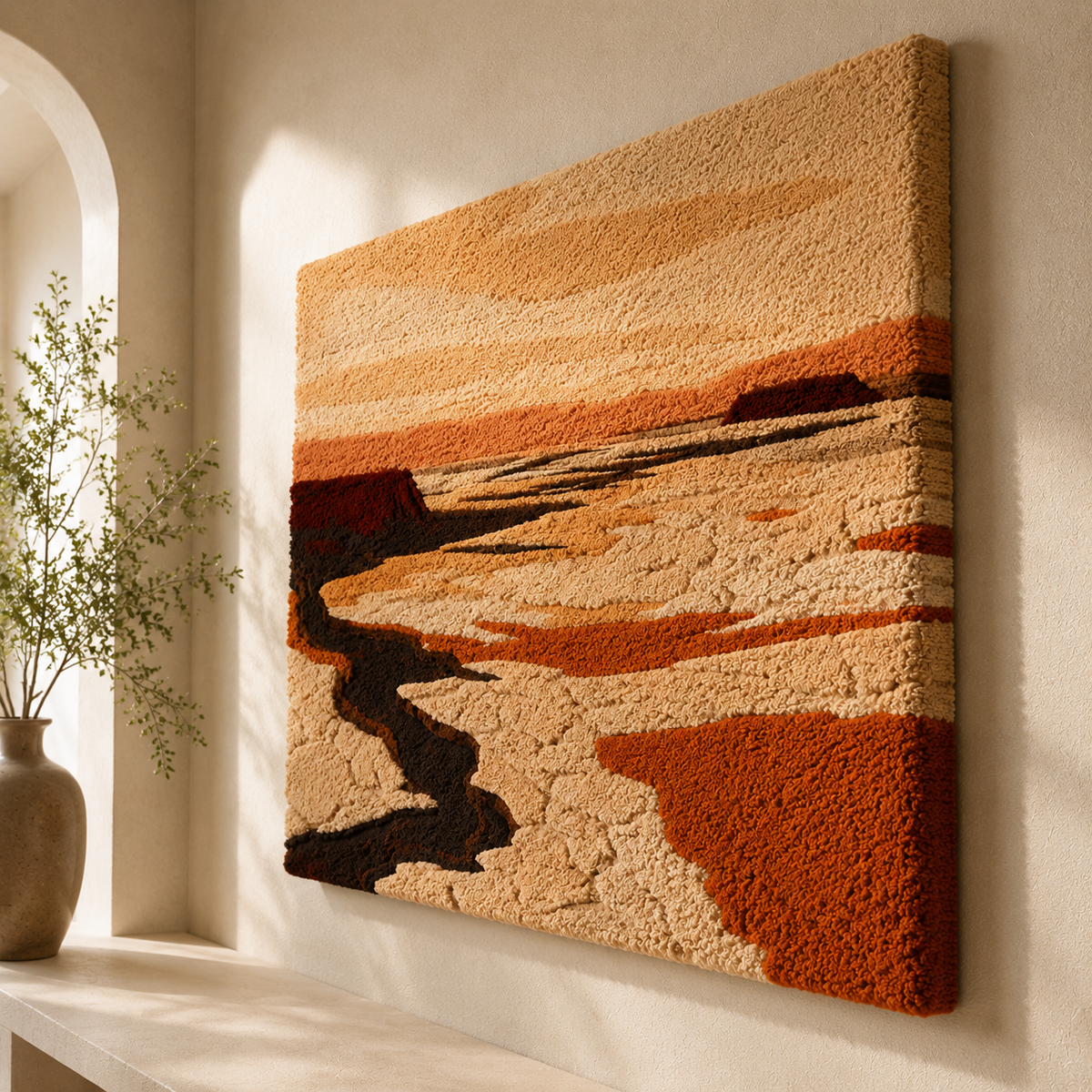 Hewn Earth wall art featuring a river flowing through a canyon, with vibrant colors and detailed natural landscape design.