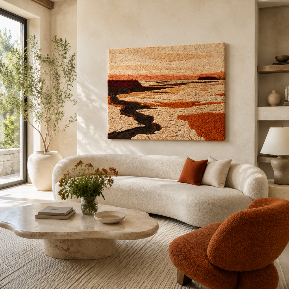 Hewn Earth wall art depicting a river flowing through a canyon with vibrant colors and detailed landscape scenery.