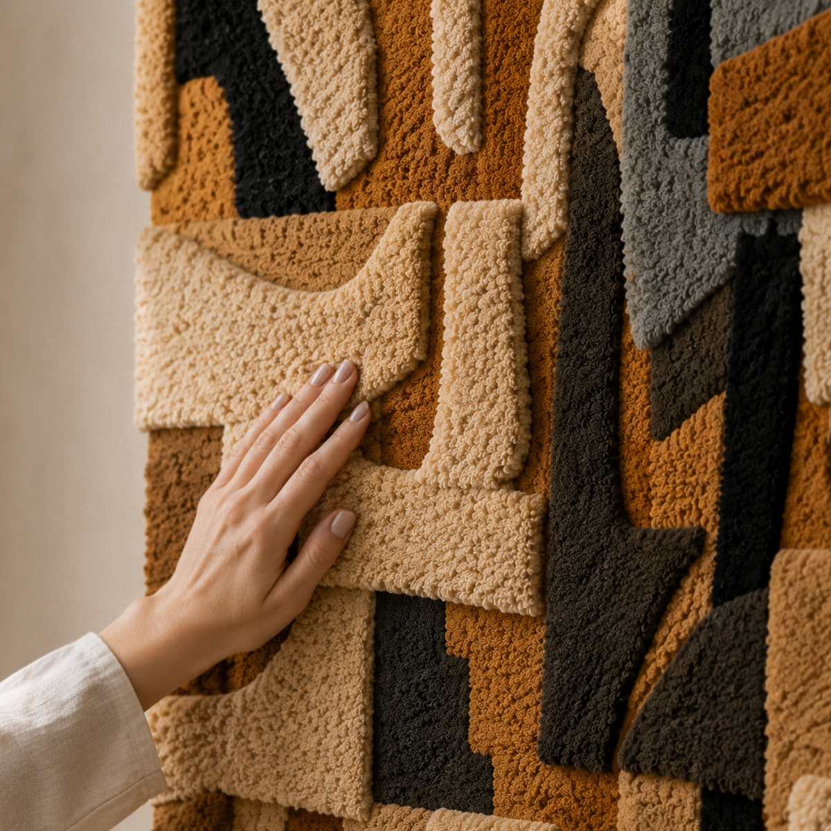 Ivory Hewn Earth Puzzle wall art with geometric design, featuring interconnected shapes and textured surface for modern home decor.