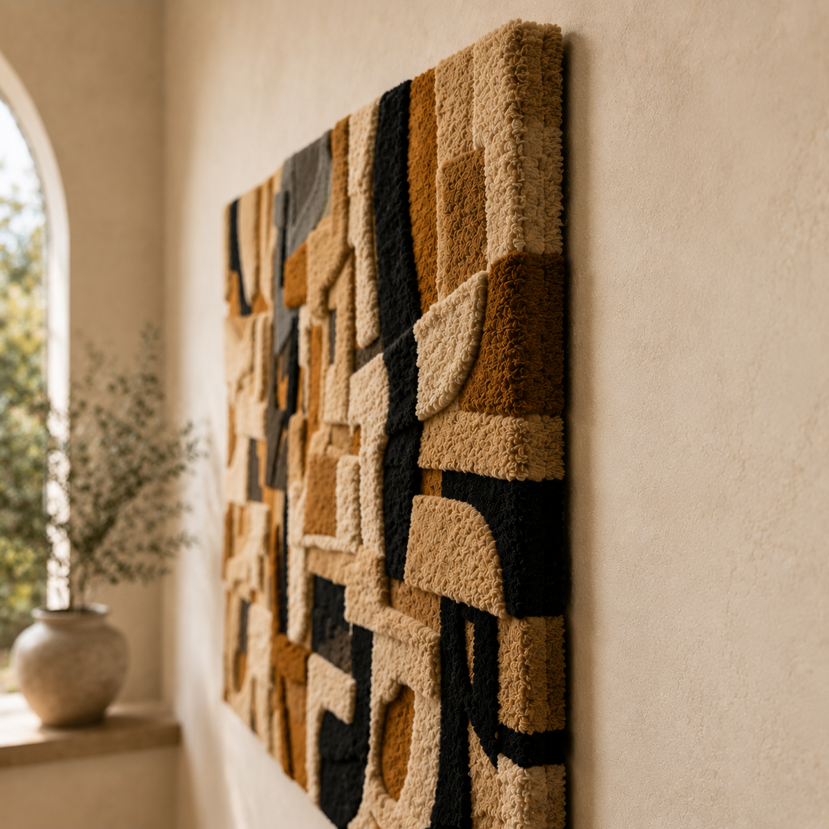 Ivory Hewn Earth Puzzle wall art, geometric design with textured surface, modern decorative piece for interior decor.